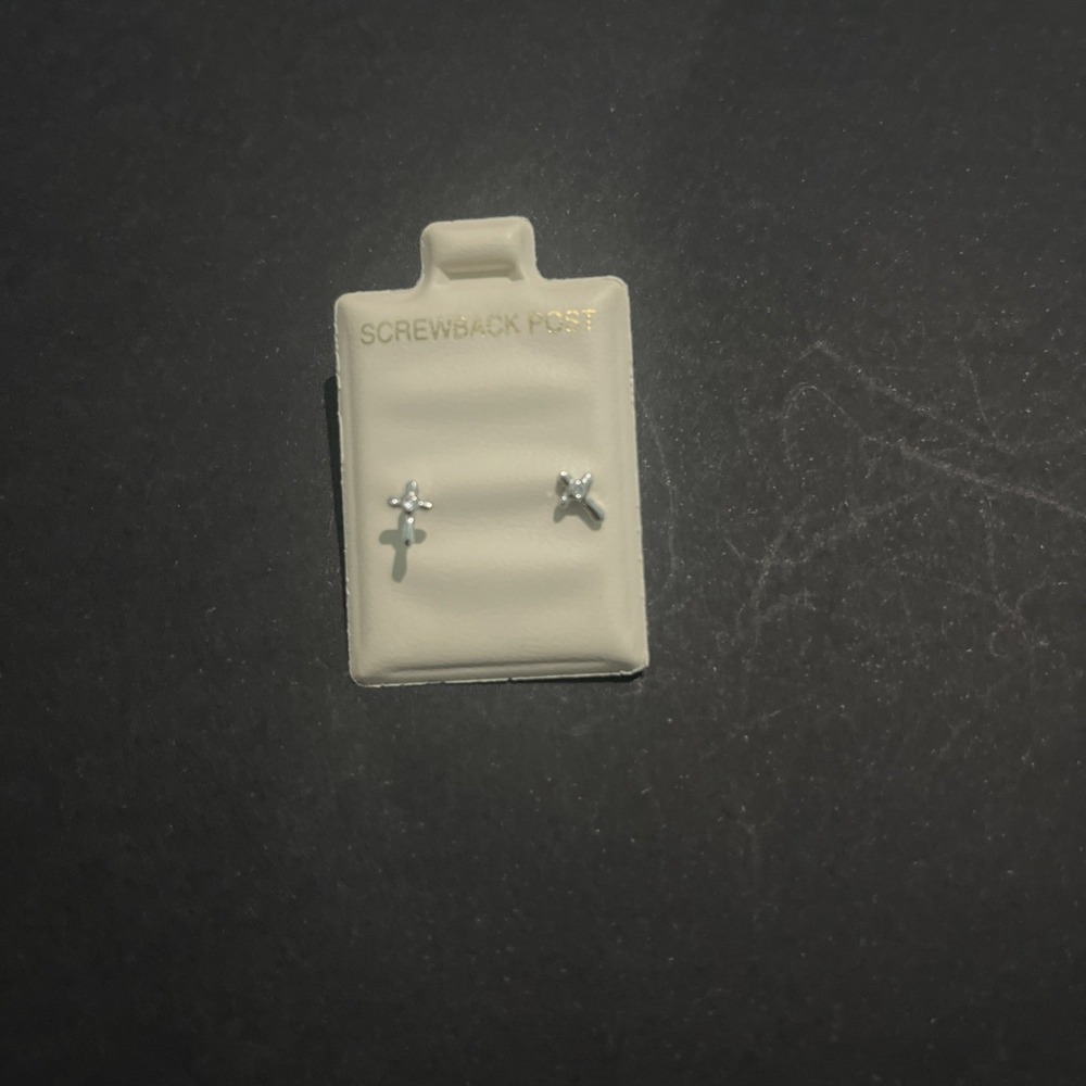Cute Sterling Silver Screw‎ Back Stamped Cross Earrings Dainty Small Clear Stone